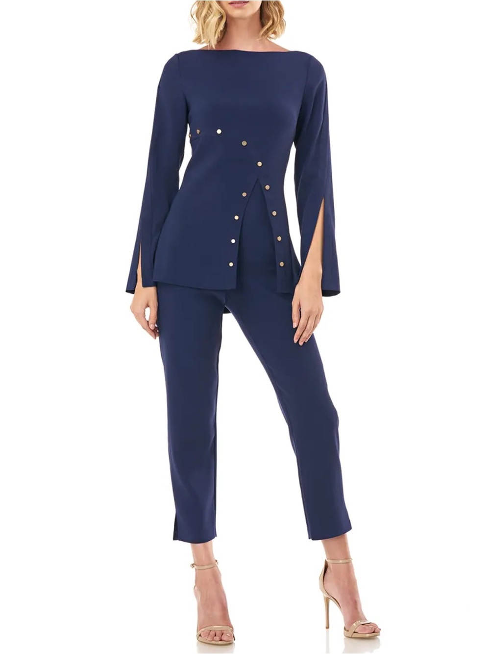 NWT - Kay Unger - Jenna Stretch Crepe Jumpsuit w/ Grommet Details - Marine